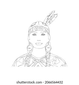 Vector linear portrait of an American Indian woman in a national costume.