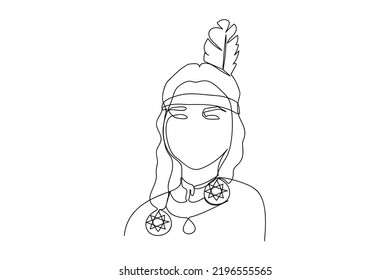Vector linear portrait of an American Indian woman in a national costume. One line