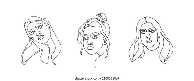 Retrato Lineal Vector De La Cara De La Mujer. Ilustraciones de arte en línea blanca y negra. Perfecto Para Imágenes De Diseño Interior, Printshop Ets