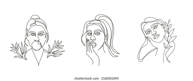 Vector Linear Portrait Of Woman Face. Black and White Line Art Illustrations Set. Perfect For Interior Design Images, Printshop Ets