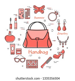 Vector linear red round concept of woman handbag. Cosmetic, jewelry, hygiene items, clothing, shoes and other womens accessories shown by outline icons arranged on white modern web banner