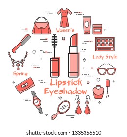 Vector linear red round concept of lipstick and eyeshadow. Cosmetic, jewelry, hygiene items, clothing, shoes and other womens accessories shown by outline icons arranged on white modern web banner