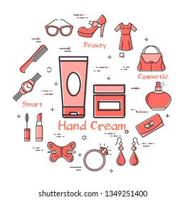 Vector linear red round concept two packaging of hand cream. Cosmetic, jewelry, hygiene items, clothing, shoes and other womens accessories shown by outline icons arranged on white modern web banner