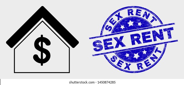 Vector linear rent house icon and Sex Rent stamp. Blue round distress stamp with Sex Rent caption. Black isolated rent house icon in linear style.