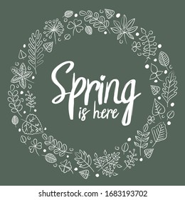 Vector linear round card with herbs elements and text spring is here