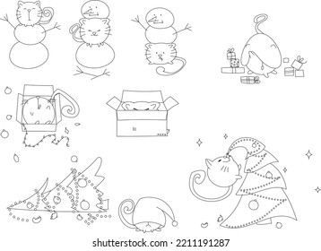 Vector linear round cat. Funny cat coloring book for kids. New Year's cat life style. Fallen Christmas tree, broken toys, hide and seek in a box, search for a gift, games with a snowman