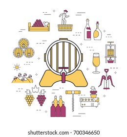 Vector linear round concept of barrel of wine. Isolated illustration with outline icons in purple and yellow colors. Square web banner of viticulture, winemaking and storage of products