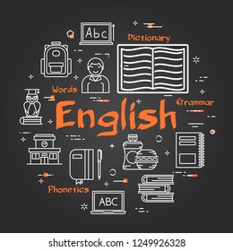 Vector linear round concept of English Subject. School lesson for children and education line icons of notes, books, computer, owl and pupil on black chalkboard