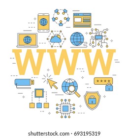 Vector linear round concept of internet with letters WWW. Isolated illustration with outline icons in blue and yellow colors. Square web banner