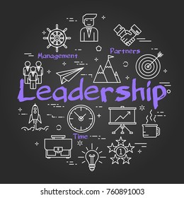 Vector linear round concept of Leadership. Thin line icons of Skilful leadership, teamwork and successful management. Modern web banner on on black chalk board