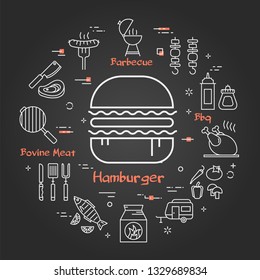Vector linear round concept of outdoor barbecue and street food. White outline hamburger icon on black chalk board. The different food and camping equipment are arranged in a circle of banner