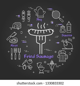 Vector linear round concept of outdoor barbecue and grill. White outline fried sausage icon on black chalk board. Different food and camping equipment illustrations are arranged in a circle of banner