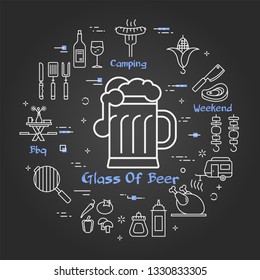 Vector linear round concept of outdoor barbecue and grill. White outline beer glass icon on black chalk board. The different food and camping equipment illustrations are arranged in a circle of banner