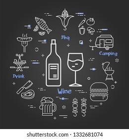 Vector linear round concept of outdoor enteirtaiment and grill. White outline bottle and glass of wine icon on black chalk board. The different food and camping equipment illustrations