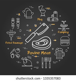 Vector linear round concept of outdoor barbecue and grill. White outline bovine meat icon on black chalk board with big knife. Food and camping equipment illustrations