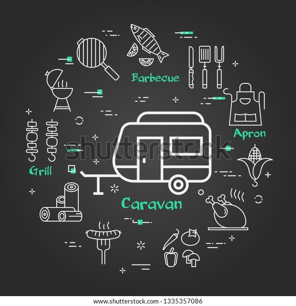 Vector linear round concept of outdoor barbecue\
and grill. White outline car travel caravan icon on black chalk\
board. The different food and camping equipment illustrations are\
arranged in a circle