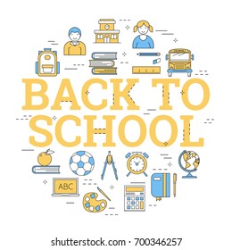 Vector linear round concept of school education. Sign with big letters - BACK TO SCHOOL. Children, books, school supplies, computer. Illustration with outline icons in blue and yellow colors