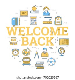 Vector linear round concept of school education. Sign with big letters - WELCOME BACK. Children, books, school supplies, computer. Illustration with outline icons in blue and yellow colors