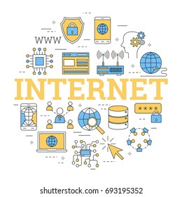 Vector linear round concept of worldwide network with letters INTERNET. Isolated illustration with outline icons in blue and yellow colors. Square web banner