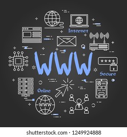 Vector linear round concept of WWW internet. Thin line icons of world wide internet connection. Modern web banner on black chalkboard background