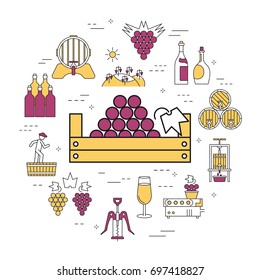 Vector linear round illustration of basket with grapes. Isolated outline icons in purple and yellow colors. Web banner of viticulture, winemaking and storage of products