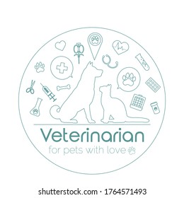 Vector linear round logotype with many icons, symbols of veterinary services, isolated on white background, dog and cat silhouettes 