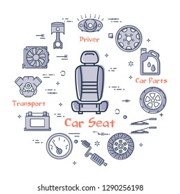 Vector linear round modern concept of auto part with outline car seat icon in center on white background. Various components and parts of car vehicle at this web banner