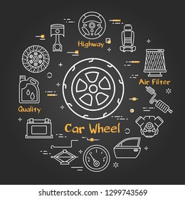 Vector linear round modern concept of auto part. White outline whole car wheel icon in center and black chalk board background. The different car parts and components are arranged in circle of banner