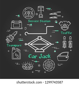 Vector linear round modern concept of auto part. White outline car jack icon in center and black chalk board background. The different car parts and components are arranged in a circle of banner