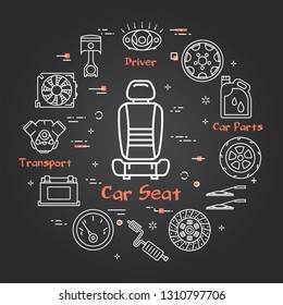 Vector linear round modern concept of auto part. White outline car seat icon in center and black chalk board background. The different car parts and components are arranged in a circle of banner