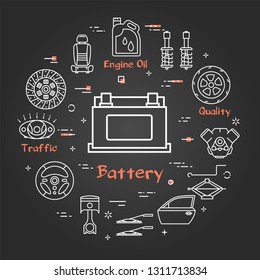 Vector linear round modern concept of auto part. White outline car battery icon in center and black chalk board background. The different car parts and components are arranged in a circle of banner