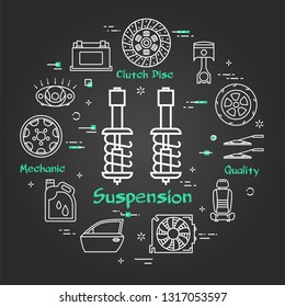 Vector linear round modern concept of suspension auto part. White outline shock absorber strut icon and black chalk board background. The different car parts and components are arranged on banner