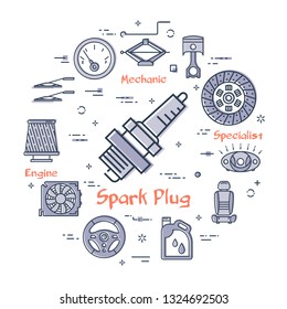 Vector linear round modern concept of auto part with outline spark plug icon in center on white background. Various components and parts of car vehicle at this web banner