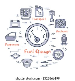 Vector linear round modern concept of auto part with outline fuel gauge icon in center on white background. Various components and parts of car vehicle at this web banner