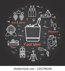 Vector linear round web banner of viticulture, winemaking and storage. Outline white icons are arranged on black chalk board. Cool Wine text in center and illustration of bottle in the ice container