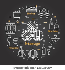 Vector linear round web banner of viticulture, winemaking and storage. Outline white icons are arranged on black chalk board. Illustration of three wine storage barrels in center