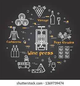 Vector linear round web banner of viticulture, winemaking and storage. Wine press icon in center and outline white icons are arranged on black chalk board.