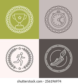 Vector linear running badges and icons - sport illustrations in outline style for marathons