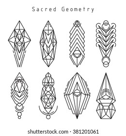 Vector linear sacred geometry emblem set, thin line design logo and signs of spiritual geometric shapes