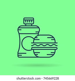 Vector linear School Breakfast. Isolated web outline icon on green background of water bottle and sandwich. Proper nutrition and caring for children health pictogram