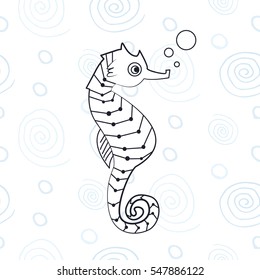 Vector linear seahorse on the hand drawn background