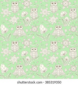 Vector linear seamless baby background with flowers and owls in magic forest. Line style owl seamless pattern on red on green. 