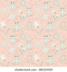 Vector linear seamless baby background with flowers and owls in magic forest. Line style owl seamless pattern on red on red. 