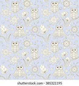 Vector linear seamless baby background with flowers and owls in magic forest. Line style owl seamless pattern on red on blue. Seamless baby background.