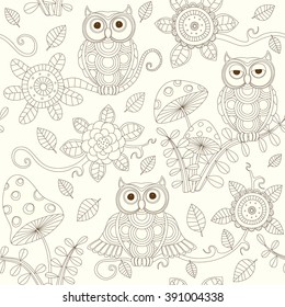 Vector linear seamless baby background with flowers and owls in magic forest. Line style owl seamless pattern. Seamless baby background. Coloring book.