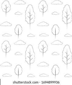 Vector linear seamless black and white pattern with trees among clouds