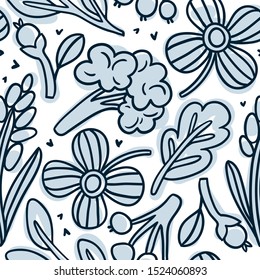 vector linear seamless pattern with hand drawn flowers,berries and veggies