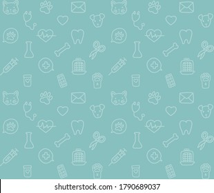 Vector linear seamless pattern, hand drawn icons, doodle design. Cat, dog, bone, paw and other symbols. Concept for pet shops or veterinary clinics, isolated on blue background