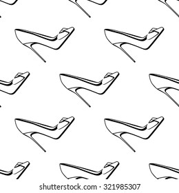 Vector linear seamless pattern with high-heeled elegant classic shoes. May be used for wedding decoration, cards, invitation, envelopes or some other romantic polygraphy.