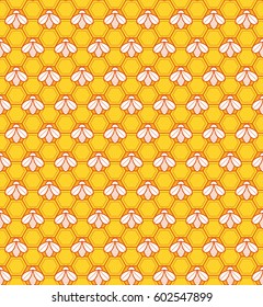 Vector linear seamless pattern with honeycombs and honeybees.